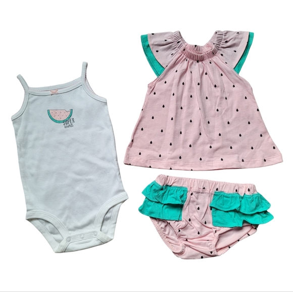 Watermelon 3 PC Ruffled Top Onesie & Short Diaper Cover Set Infant Baby Girl 18m - Picture 4 of 8